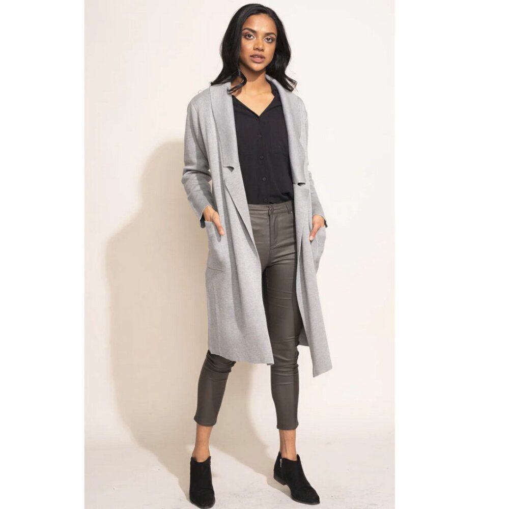 Pink Martini Light Gray Long Open-Front Cardigan